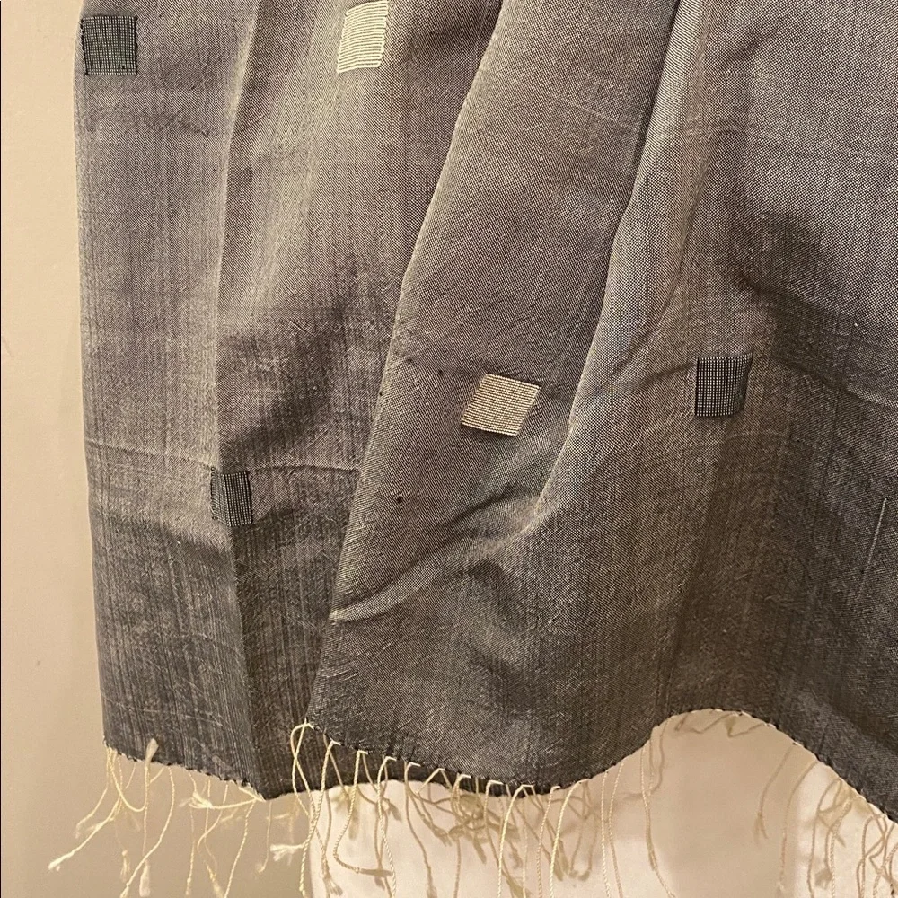 Gray ivory woven square motif silk-like long scarf 16 x 64 (fringe is 2.5 long)